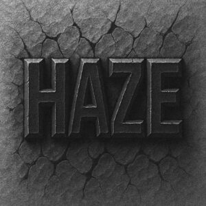 Grayscale tattoo design featuring bold HAZE letters on a cracked stone wall; black and grey project, cover-up suitable.