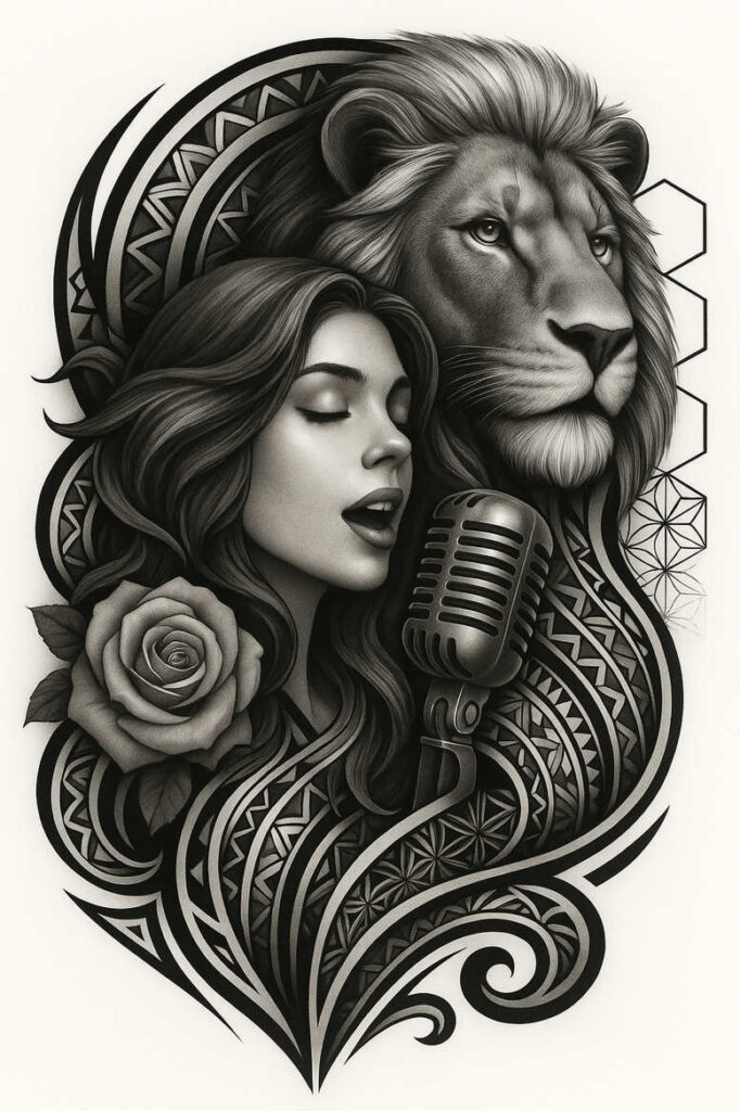 Portrait of a woman with flowing hair beside a lion, a rose, and a vintage microphone in black and grey; AI-generated tattoo project, cover-up ready.