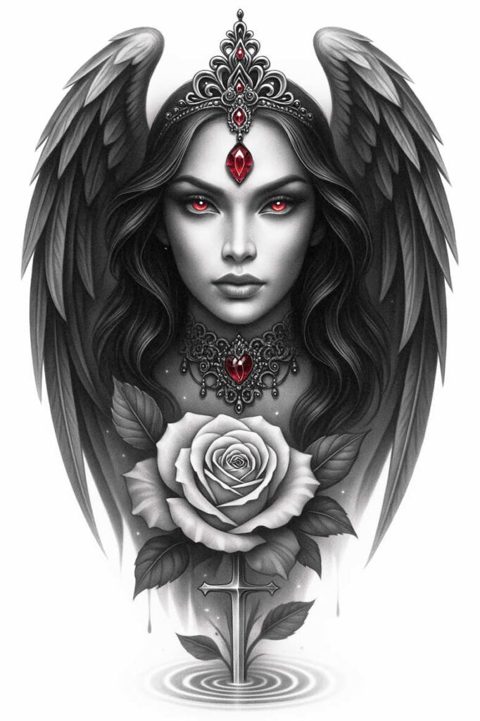 Angel, wing, tiara, red gem, necklace, rose, leaf, cross; black and grey shading; project; cover-up suitable.