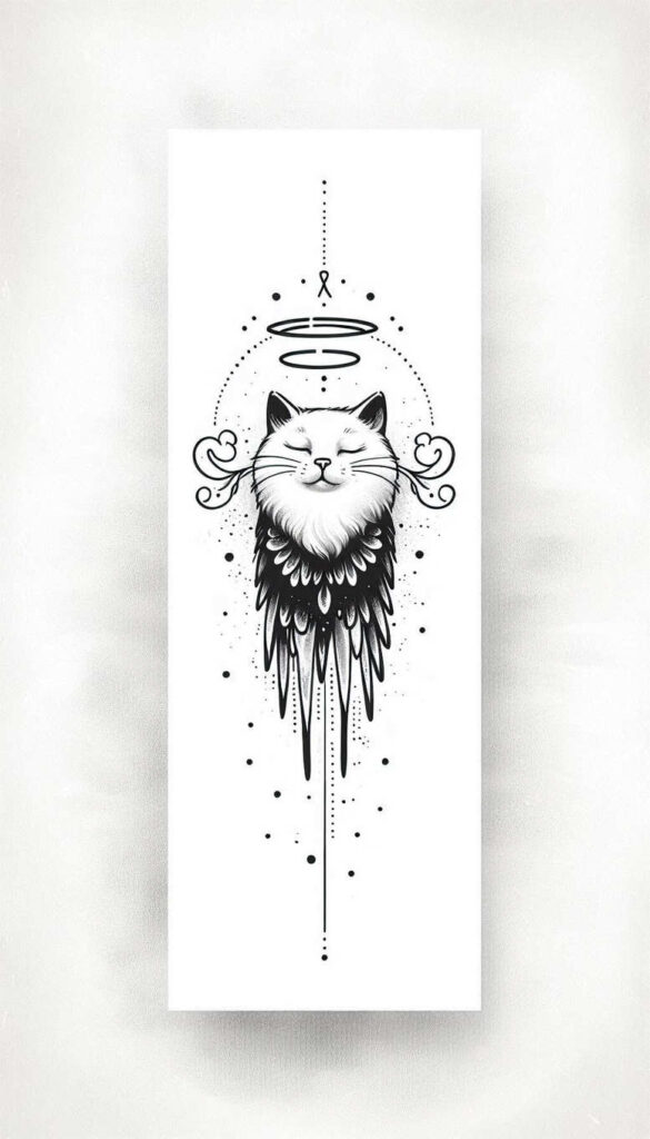Black and grey tattoo design of a smiling cat head with halo, decorative wings, dotted aura, and a vertical line; project idea, not for cover-up.