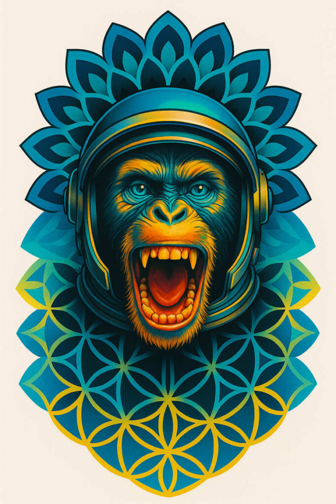 Ape wearing a helmet and headphones against a blue-to-teal geometric flower background; full color tattoo project; cover-up suitability: no.