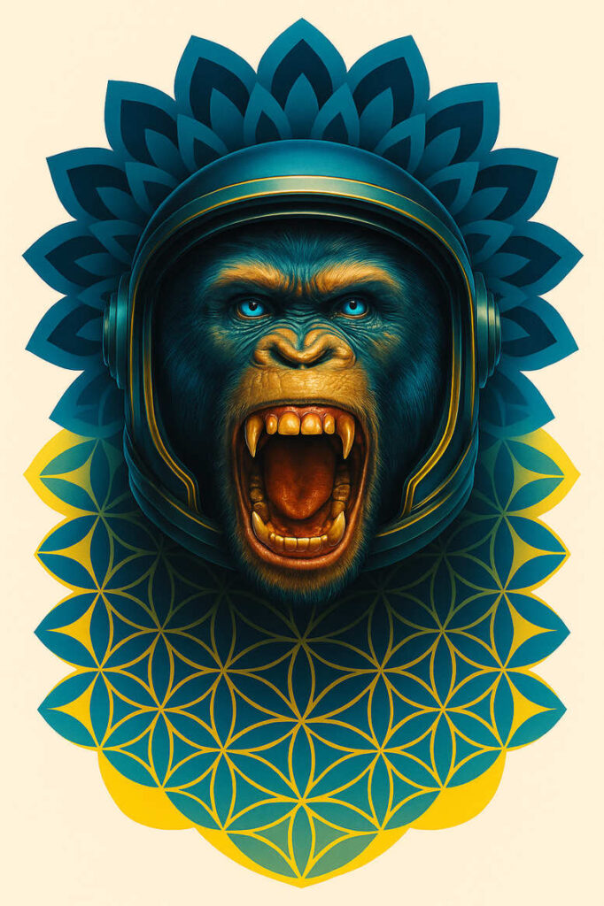 Ape head wearing a space helmet in blue-teal tones against a pale background, surrounded by a blue-yellow geometric flower-of-life pattern; full color, AI-generated tattoo project; cover-up.