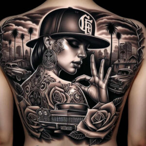 Black and grey back tattoo with a woman in a cap, ornate earring, roses, a vintage car, and a cityscape with palm trees; AI-generated tattoo project; ideal cover-up.