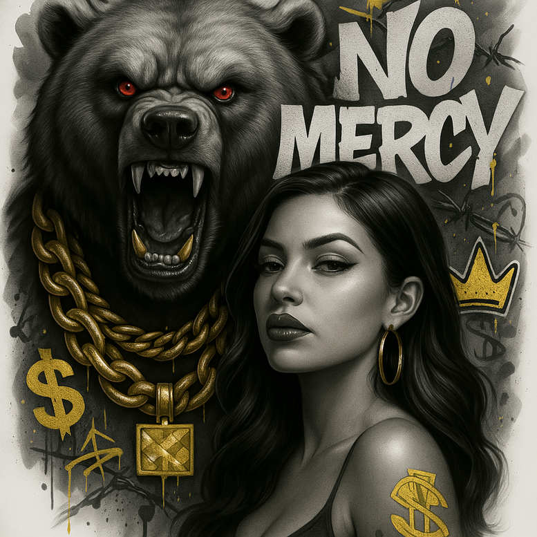 Bear and woman portrait in black-and-grey with gold chain and pendant; red-eyed bear, hoop earring, graffiti background; cover-up-ready tattoo project.