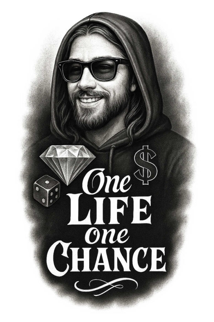 Man in hoodie and sunglasses; black and grey; tattoo design idea with diamond, dice, and script text; AI-generated project; cover-up suitable.