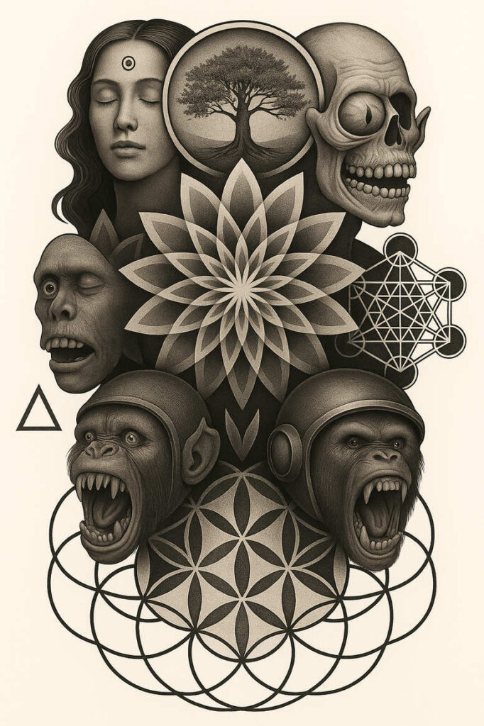 Tree, skull, female face, two gorillas, headphones, and a lotus mandala in black and grey ink; tattoo project concept; cover-up suitable.