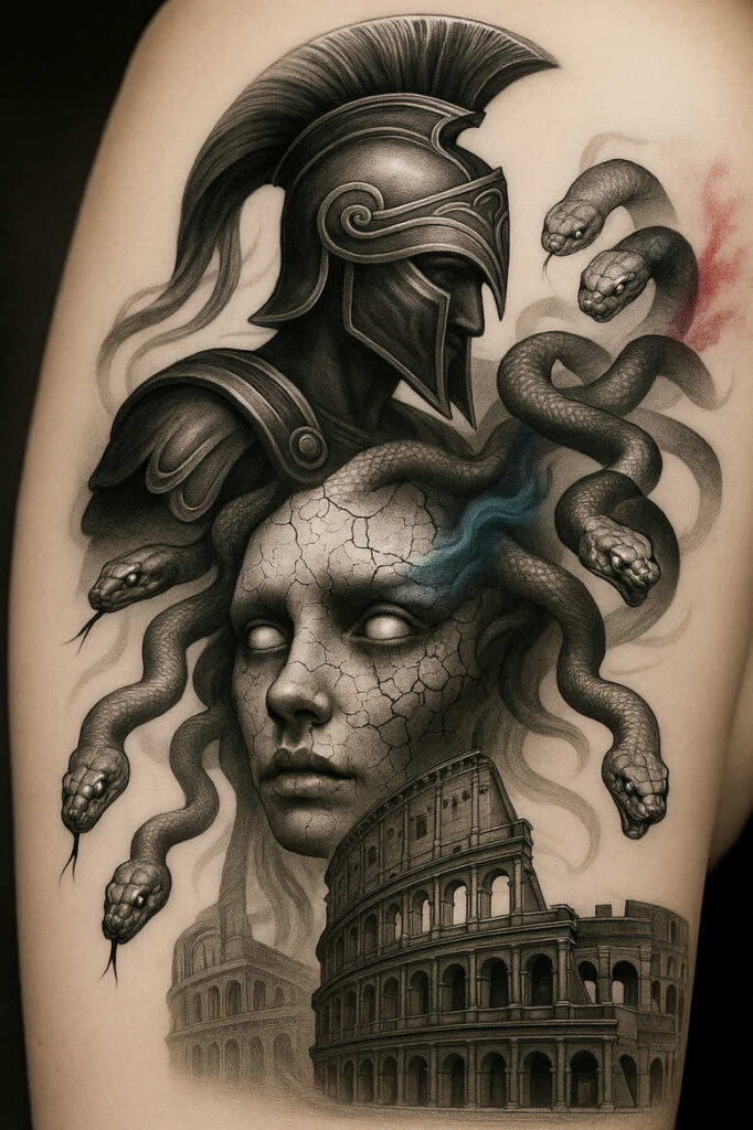 Helmet, head with cracked stone texture, snakes, and the Colosseum backdrop in black and grey; a tattoo project, cover-up-ready.