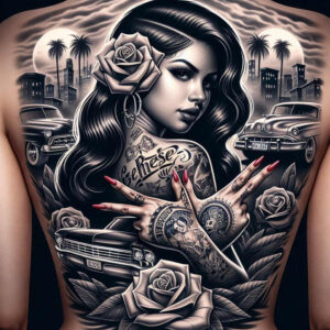 Back tattoo in black and grey showing woman portrait, a large rose behind her ear, hand with red nails, palm trees, cityscape and vintage car; project idea; cover-up suitable.