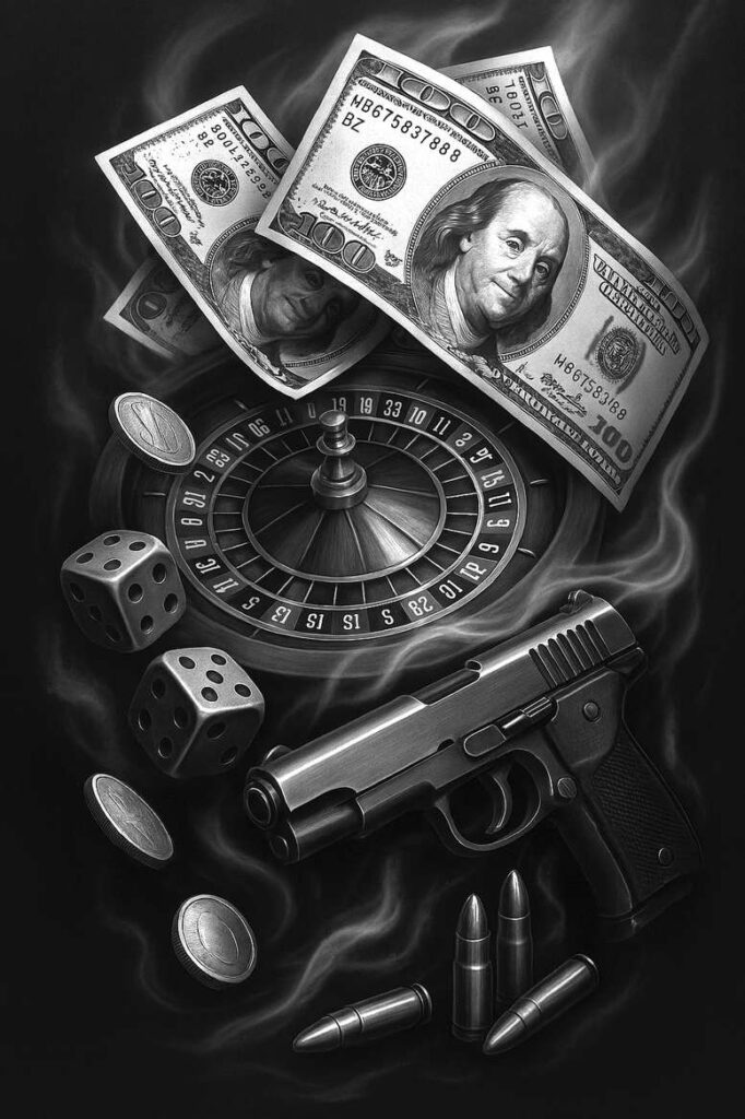 Gun, roulette wheel, dice, dollar bills, coins, and bullets in black-and-grey; tattoo design project; cover-up suitable.