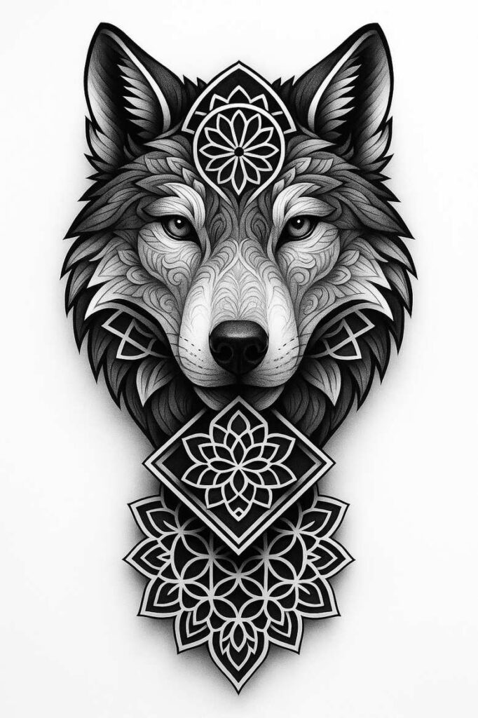 A black and grey wolf head tattoo with intricate mandala patterns on the forehead and neck diamonds; cover-up-ready project.