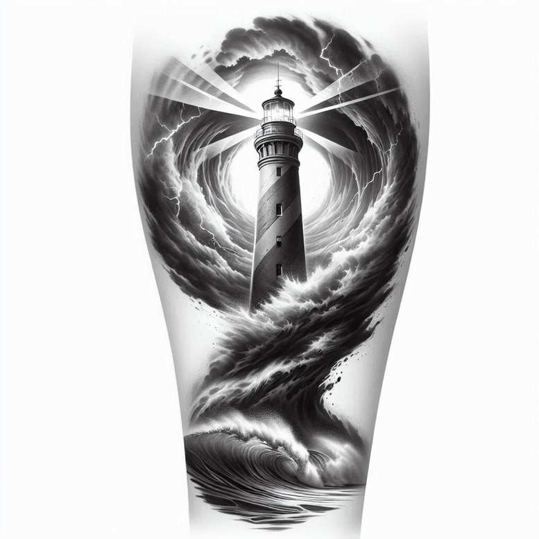 Lighthouse, storm clouds, light beams, waves, and sea in black and grey; tattoo design concept, suitable for a cover-up.