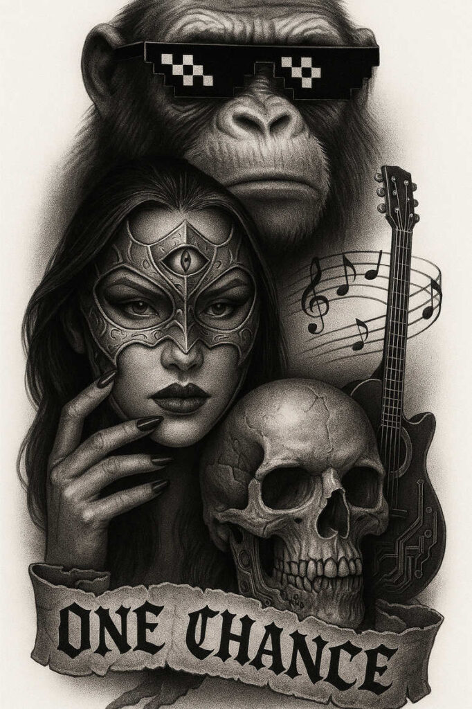 Black and grey tattoo design with a gorilla wearing pixel sunglasses, a masked woman, skull, guitar, and musical notes; project ideal for cover-up.