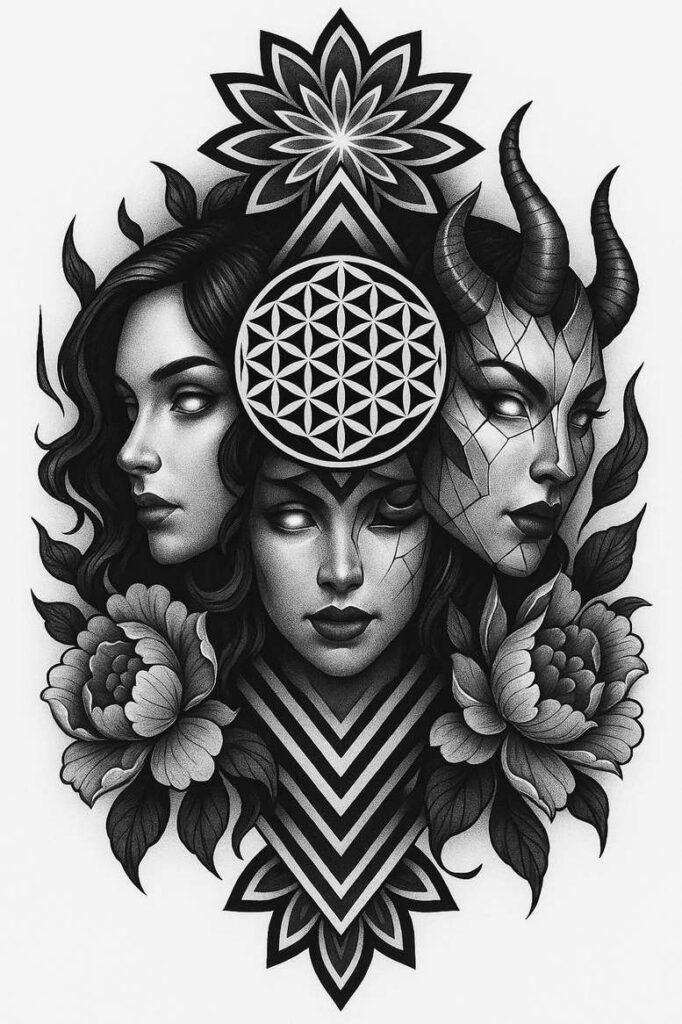 Black and grey tattoo design with three female faces, circle of life pattern, mandala accents, and floral elements; cover-up ready project.