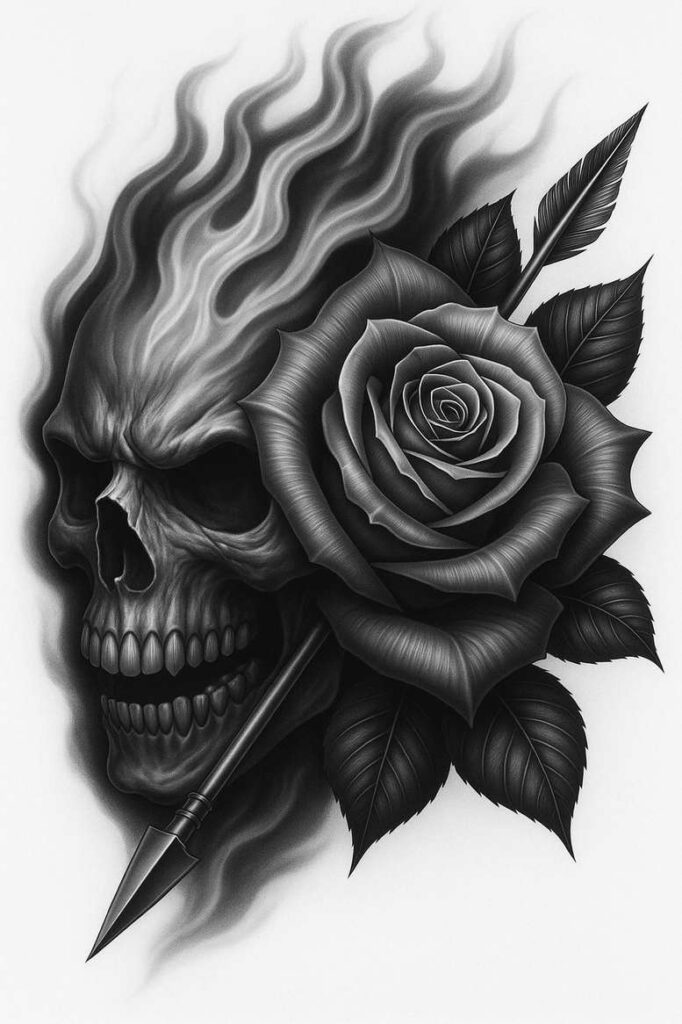 Skull, dagger, and rose in black and grey; AI-generated tattoo project, suitable for a cover-up.