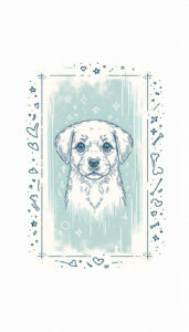 Dog head in blue ink inside a decorative frame with star shapes, heart motifs, and bone accents; color tattoo project; not for cover-up.