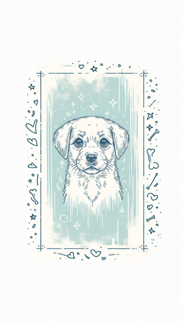 Dog head in blue ink inside a decorative frame with star shapes, heart motifs, and bone accents; color tattoo project; not for cover-up.