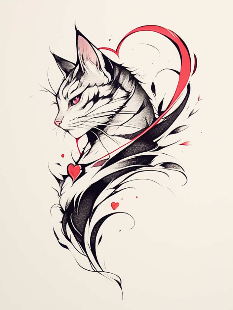 Cat head in black-gray linework with red hearts and flowing ribbon; tattoo design idea; pattern-heavy composition; not optimized for cover-up.