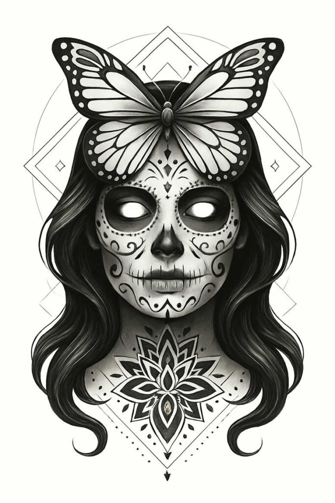 Butterfly, sugar skull, face, hair, mandala, diamond; black and grey; project; suitable for cover-up.