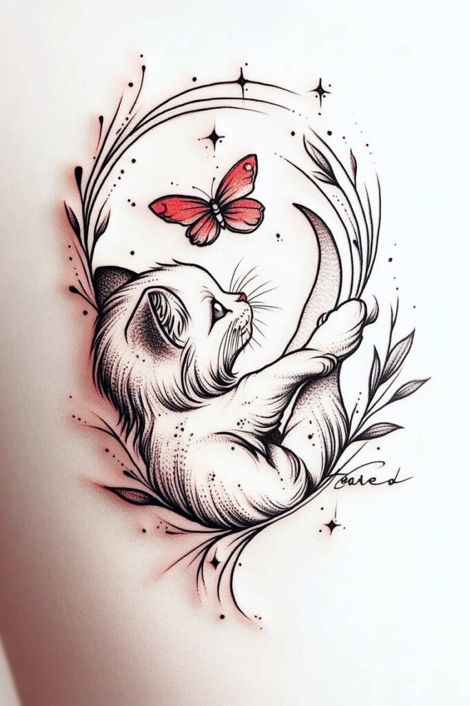 Cat and butterfly tattoo design in black and grey linework with a red butterfly, circular floral frame, leaves and stars; project idea; not cover-up.