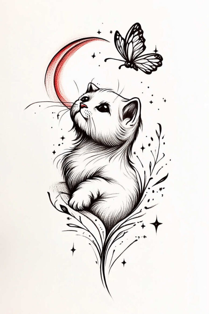 Cat and butterfly gaze at a red crescent moon, with floral stems and stars in black and grey linework; a tattoo project idea, suitable for cover-up.