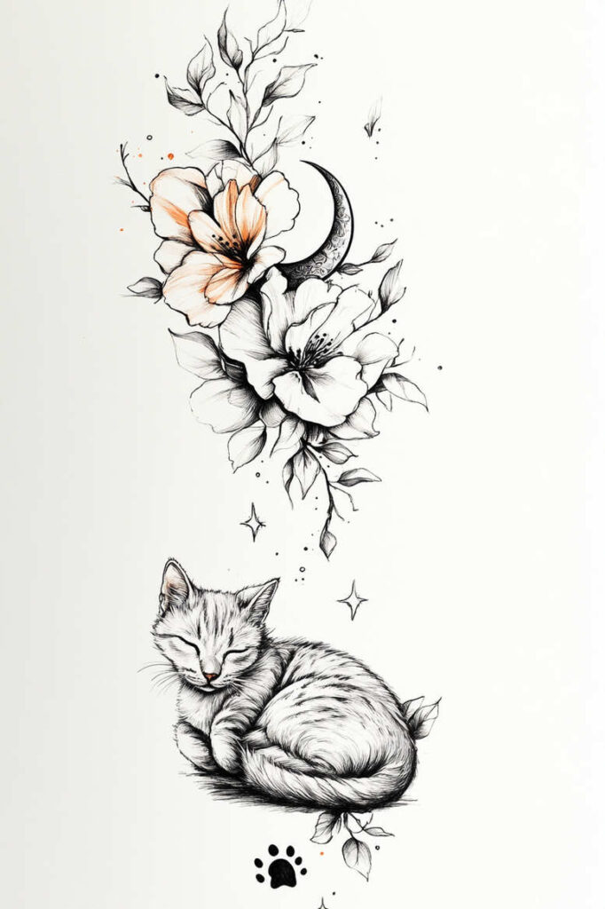 Cat and flower cluster in black and grey with orange accents, crescent moon, stars, leaves, paw print; AI-generated tattoo project; pattern; not a cover-up.
