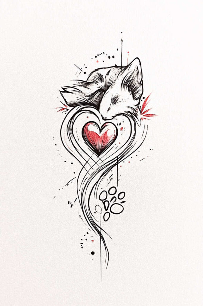 Cat head in black ink with a red heart at center, flowing ribbons and paw prints; black and grey linework with red accent; tattoo project idea; cover-up suitability: no