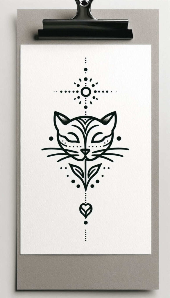 Cat face with sunburst above, heart pendant below, and leaf motif; black linework on white paper; tattoo design idea with pattern; not specifically for cover-up.