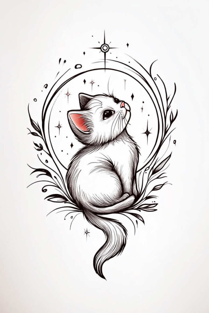 Cat, circle frame, leaves, and stars in black and grey ink with pink ears; a finished tattoo design project; not ideal for cover-up.