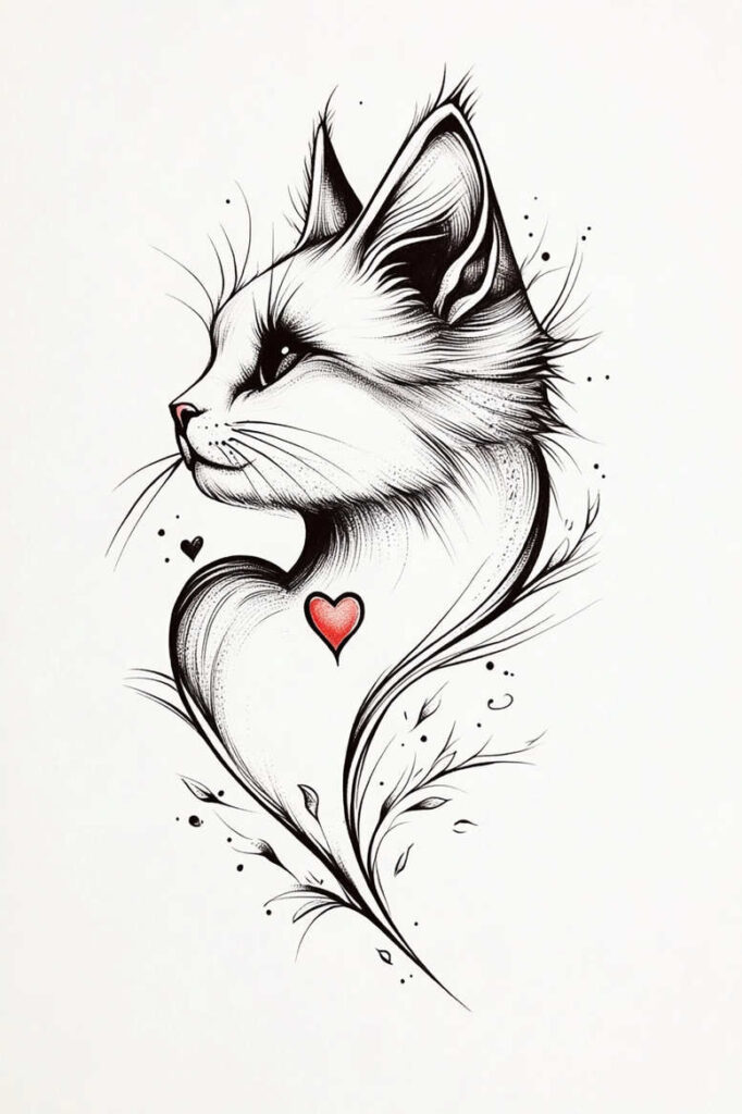 Black and grey line drawing of a cat profile with a red heart accent, leaves and swirling lines; tattoo design concept, suitable as a cover-up option.