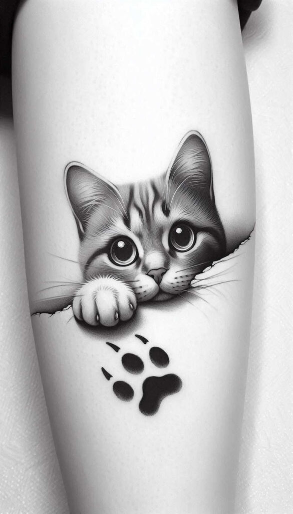 Cat in black and grey tattoo design peeks over a torn edge with a paw and paw print; project idea.