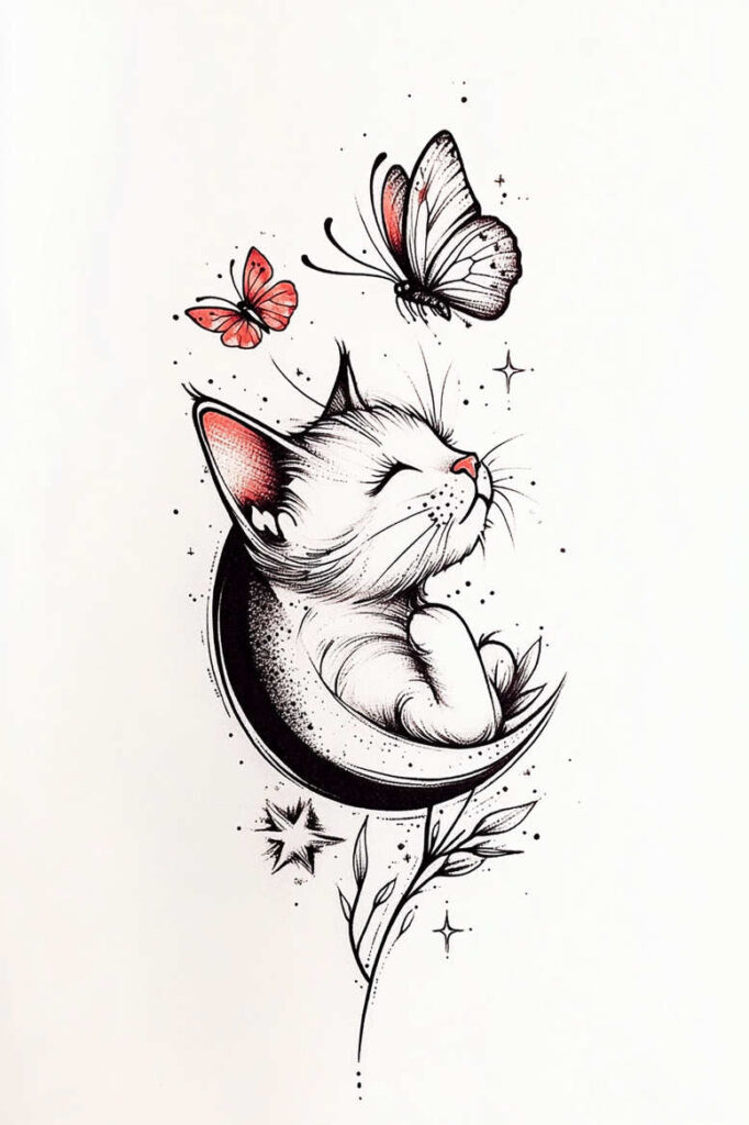 Cat sleeping on a crescent moon with two pink butterflies, black and grey linework with pink accents; AI-generated tattoo project; not ideal for cover-up.