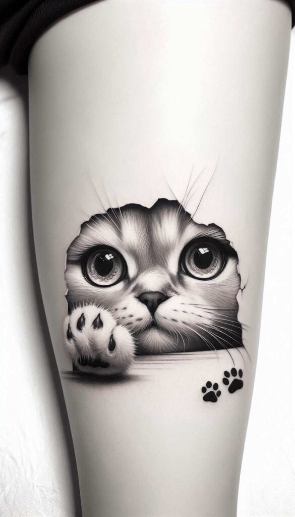 Cat peering through a torn hole with a reaching paw; paw prints on the leg; black and grey tattoo project idea; suitable for cover-up.