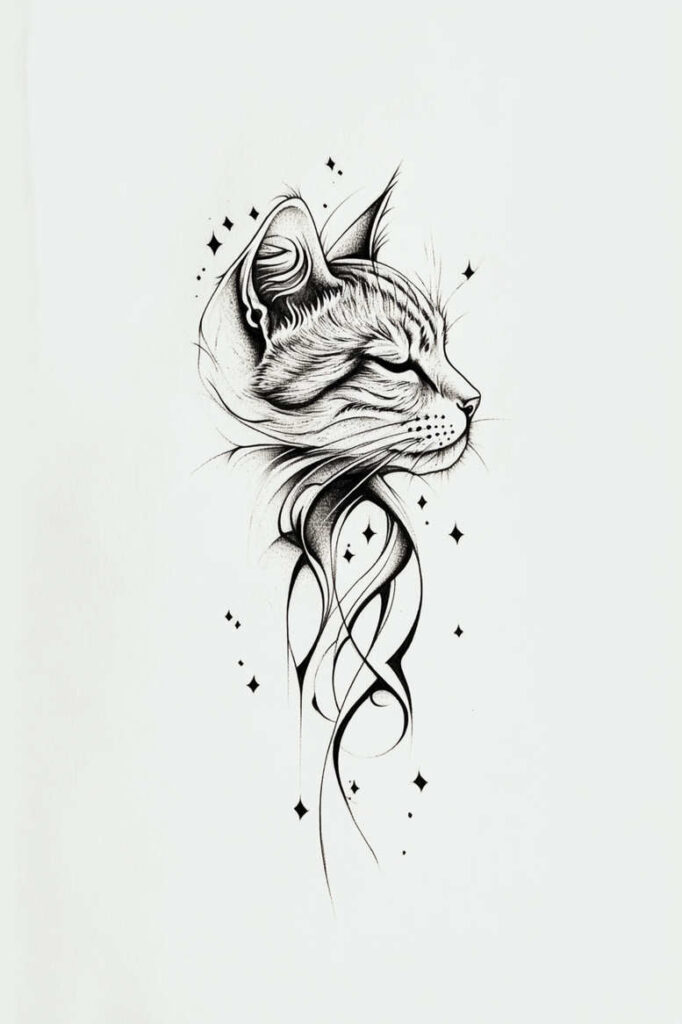 Cat head profile in black and grey line art with flowing ribbons and star accents; AI-generated tattoo project concept; not a cover-up.