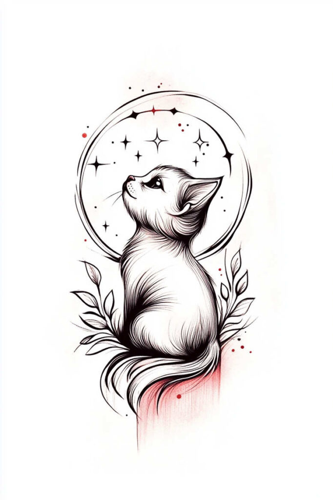 Cat in black and grey line art with a starry circle and leaves; tattoo project idea; suitable for cover-up: no.