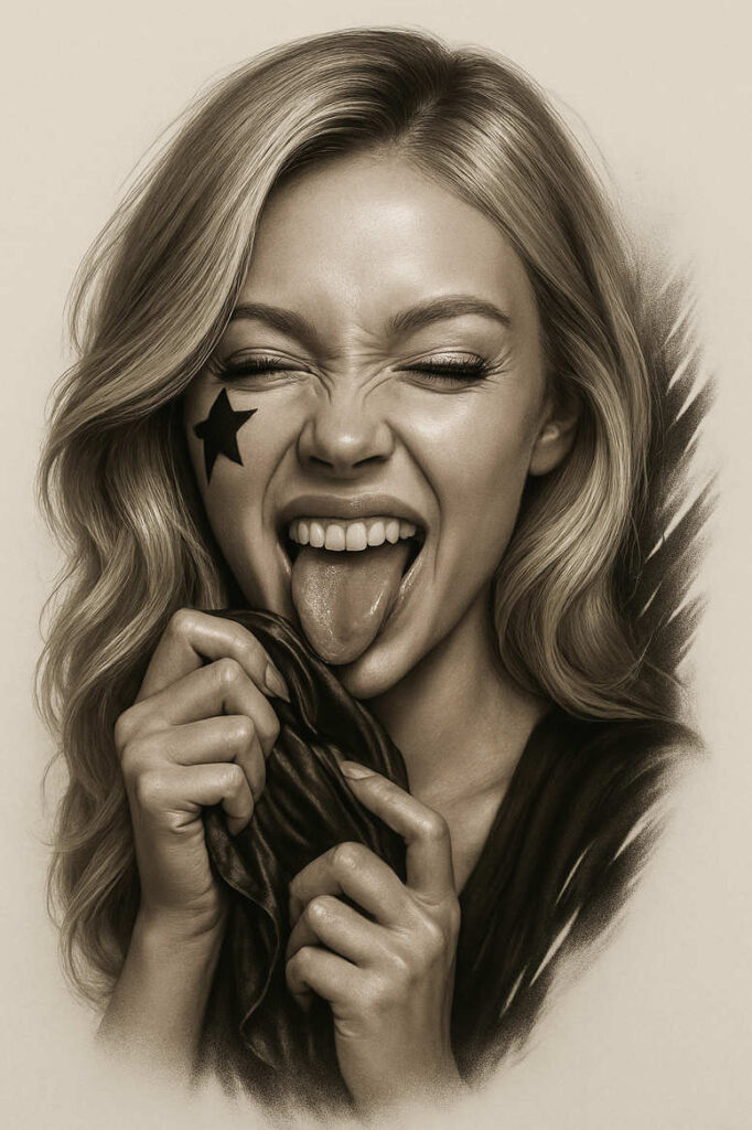 Cheek star tattoo design in black ink on sepia-toned skin; visible elements: star on left cheek, tongue, hair, cloth, face; black and grey ink; AI-generated tattoo project concept; not a cover-up.