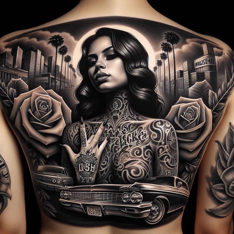 chicano tattoo design ideas subtle highlights black ink art for lower thigh