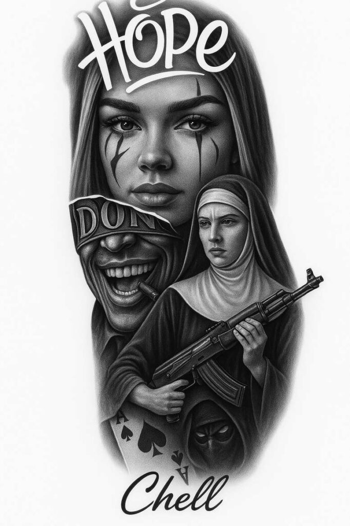 chicano tattoo design ideas Surrealism hallucinogenic cultural symbolism for calf