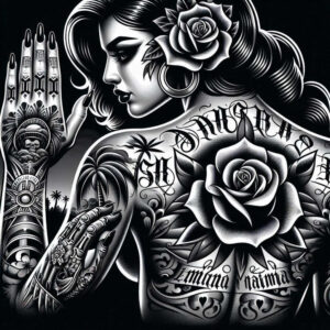 chicano tattoo design ideas Surrealism fluid forms script lettering represents endurance