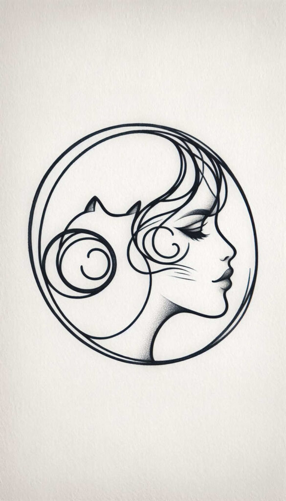 Circle frame with a woman's profile and flowing hair in black ink; black and grey tattoo design idea; not a cover-up.