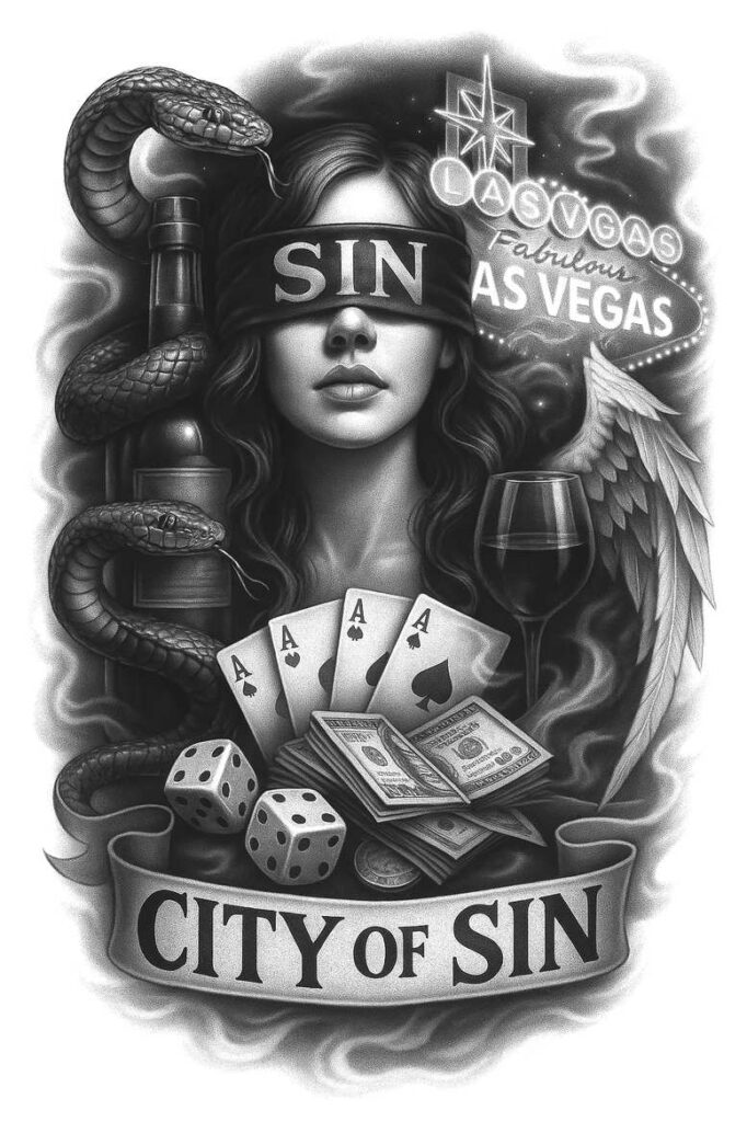 Black and grey tattoo design project featuring woman, snake, bottle, wing, card, money, die, glass, banner, sign; cover-up suitable; pattern emphasized.