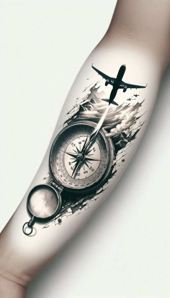 Black and grey tattoo on forearm featuring a compass, airplane, and cracked mountains; a refined tattoo project; not specifically a cover-up.