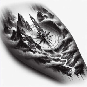 Compass, mountains, and clouds in black and grey; tattoo project, cover-up suitable.