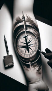 Compass, airplane silhouette, clouds, forearm, glove, tattoo machine, ink bottle in black and grey; tattoo project, cover-up suitable.