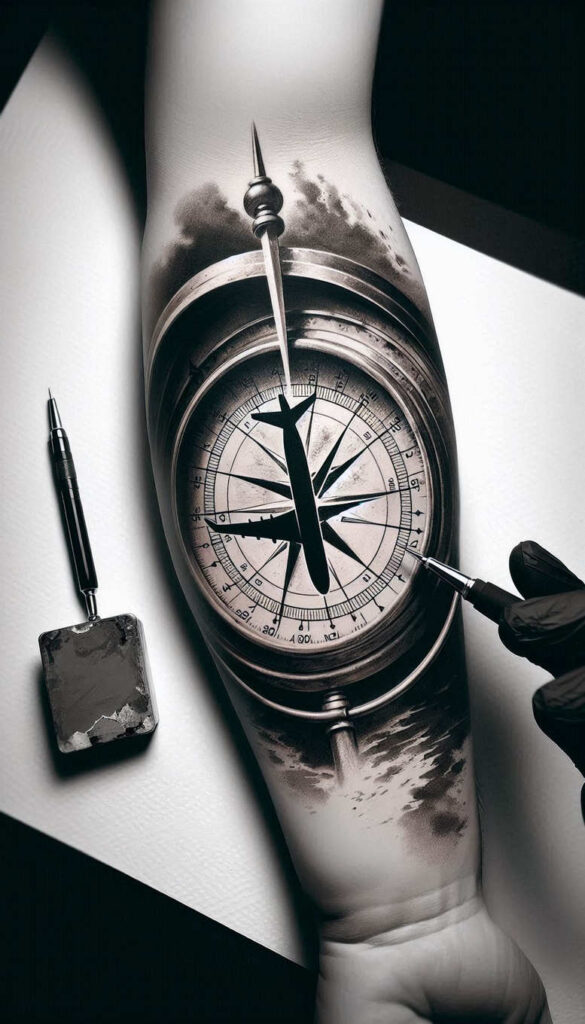 Compass, airplane silhouette, clouds, forearm, glove, tattoo machine, ink bottle in black and grey; tattoo project, cover-up suitable.
