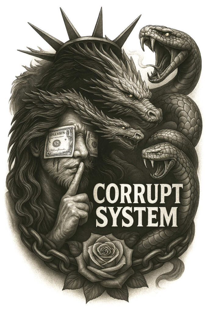 Black and grey cover-up-ready tattoo concept: face, money over eyes, three-headed serpent, chain, rose.