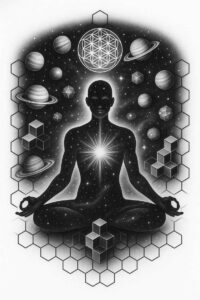 Silhouette in black and grey, space-themed tattoo design with planets, cubes, hexagons, and stars; AI-generated tattoo project; cover-up suitable.