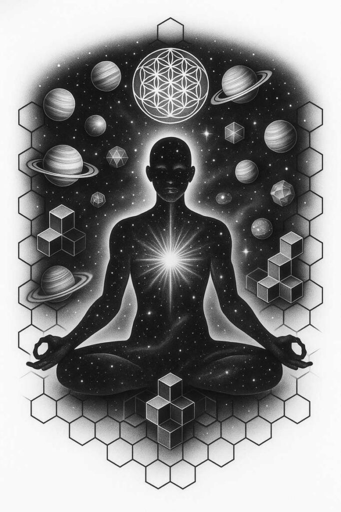 Silhouette in black and grey, space-themed tattoo design with planets, cubes, hexagons, and stars; AI-generated tattoo project; cover-up suitable.