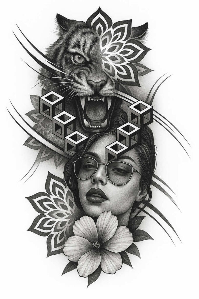 Black and grey tattoo design: woman face with glasses, roaring tiger, geometric cube pattern, floral petals; AI-generated tattoo project; cover-up ready.