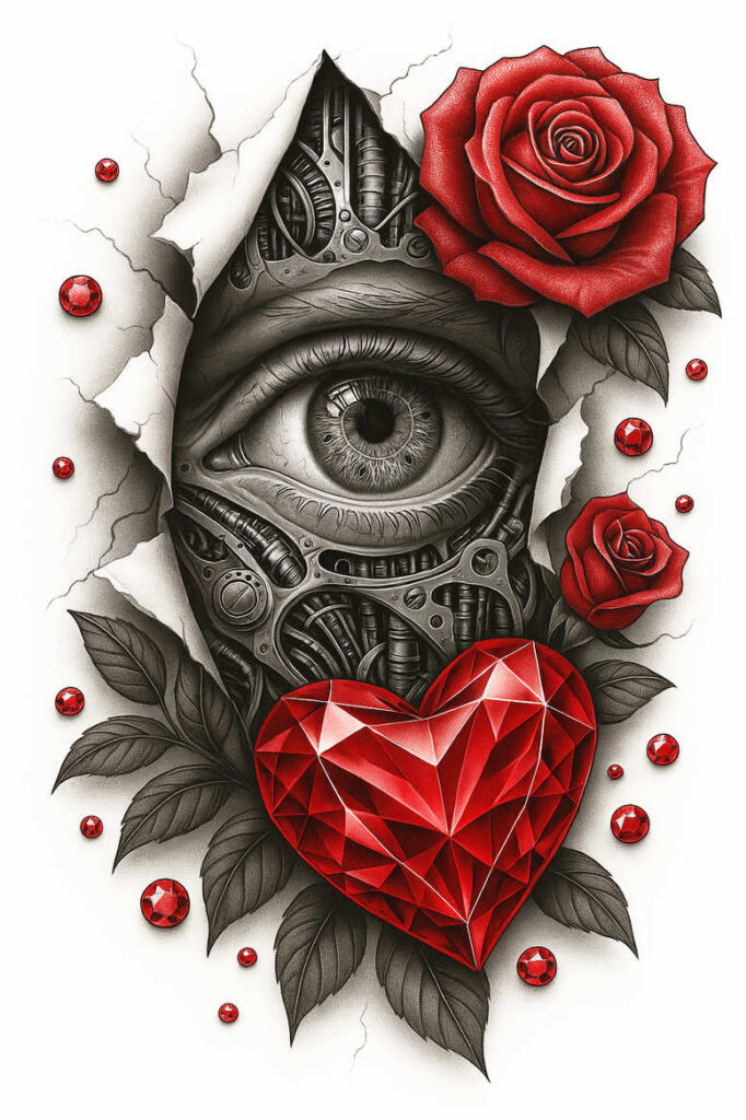 Cover-up-ready, black and grey cybernetic eye emerging through torn skin, surrounded by red roses, leaves, and a faceted red heart; tattoo design idea.