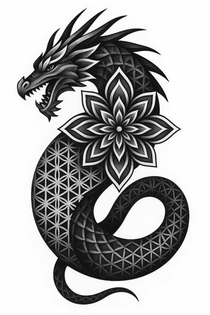 Dragon and large flower tattoo design in black and grey; dark shading across dragon body with geometric patterns; project concept; cover-up suitable.